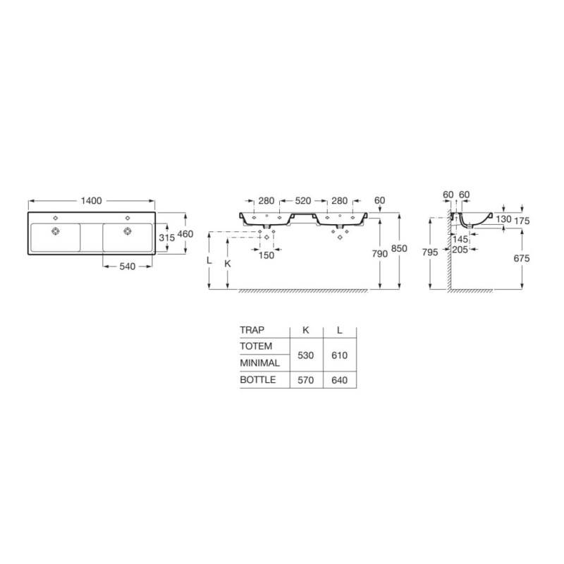 ROCA GAP умивальник подвійний 140*46 см, з двома отворами під змішувач та переливом, (A3270MU000)