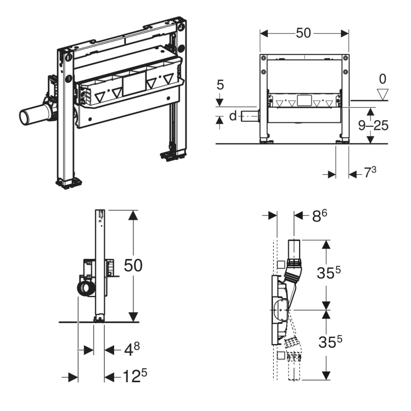 Geberit DUOFIX монтажный элемент для душевой системы, 50 см, с водоотводом в стене, для высоты выравнивающей стяжки на трапе 90-250 мм, (111.591.00.2)
