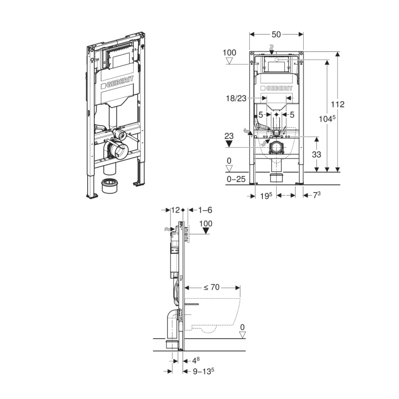 Geberit DUOFIX монтажный элемент для подвесного унитаза, H112, cо встроенным бачком "Sigma" 12см, для смывных клавиш "Sigma", (111.300.00.6)