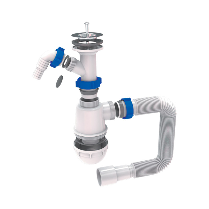 TAU Сифон для кухонної мийки з нержавіючим випуском 1½" виводом під пральну машину та гнучким відводом Ø40/50мм (9842720)