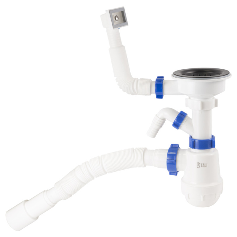 TAU Сифон для кухонної мийки з пластиковим випуском 3½" виведенням під пральну машину, квадратним переливом і гнучким відведенням Ø40/50мм (чорний) (9842822)