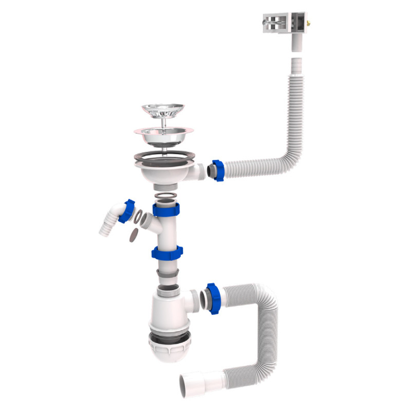 TAU Сифон для кухонної мийки з нержавіючим випуском 3½" виводом під пральну машину, квадратним переливом і гнучким відведенням Ø40/50мм (9842521)