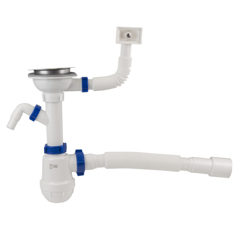 TAU Сифон для кухонної мийки з нержавіючим випуском 3½" виводом під пральну машину, квадратним переливом і гнучким відведенням Ø40/50мм (9842521)