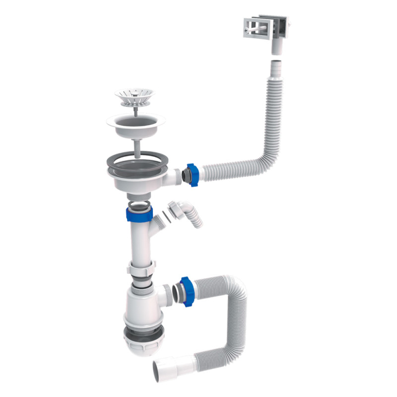 TAU Сифон для кухонної мийки з пластиковим випуском 3½" виводом під пральну машину, квадратним переливом і гнучким відведенням Ø40/50мм (білий) (9842823)