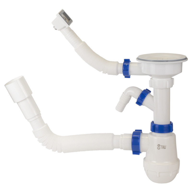TAU Сифон для кухонної мийки з пластиковим випуском 3½" виводом під пральну машину, квадратним переливом і гнучким відведенням Ø40/50мм (білий) (9842823)