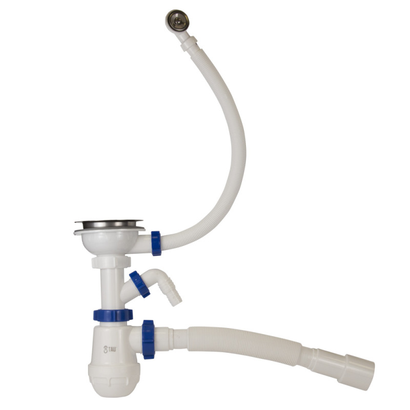 TAU Сифон для кухонної мийки з нержавіючим випуском 3½" виводом під пральну машину, круглим переливом і гнучким відведенням Ø40/50мм (9842520)
