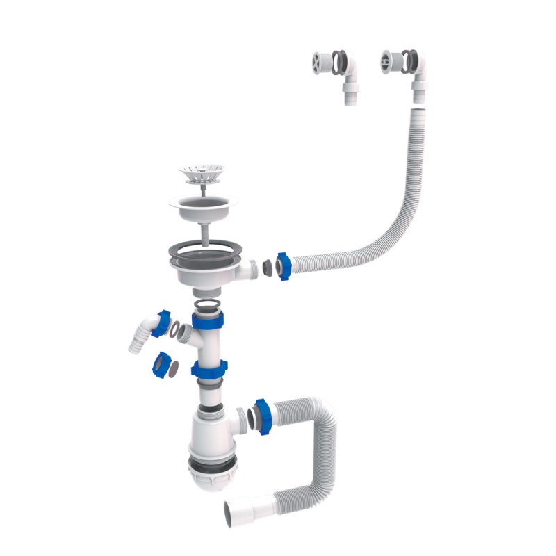 TAU Сифон для кухонної мийки з пластиковим випуском 3½" виводом під пральну машину круглим переливом і гнучким відведенням Ø40/50мм (білий) (9842821)