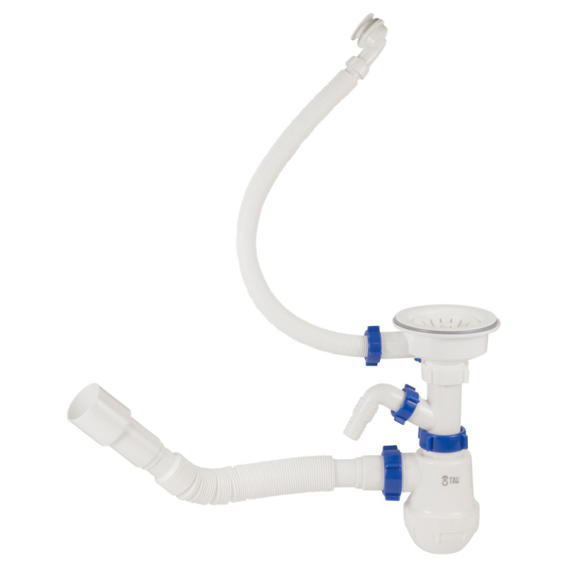 TAU Сифон для кухонної мийки з пластиковим випуском 3½" виводом під пральну машину круглим переливом і гнучким відведенням Ø40/50мм (білий) (9842821)