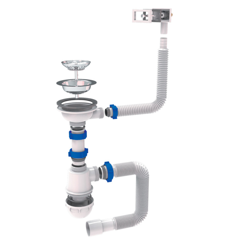 TAU Сифон для кухонної мийки з нержавіючим випуском 3½" квадратним переливом і гнучким відведенням Ø40/50мм (9842531)