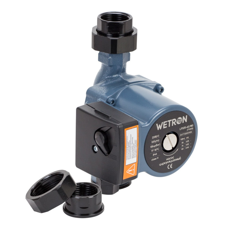 WETRON Насос циркуляційний 100Вт Hmax 6м Qmax 75л/хв Ø1 1/2" 180мм+гайки Ø1" (774532)