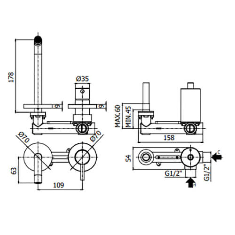 Paffoni Cмеситель для умывальника Light LIG 105 NO 70 L178 мм черный матовый (LIG105NO70)