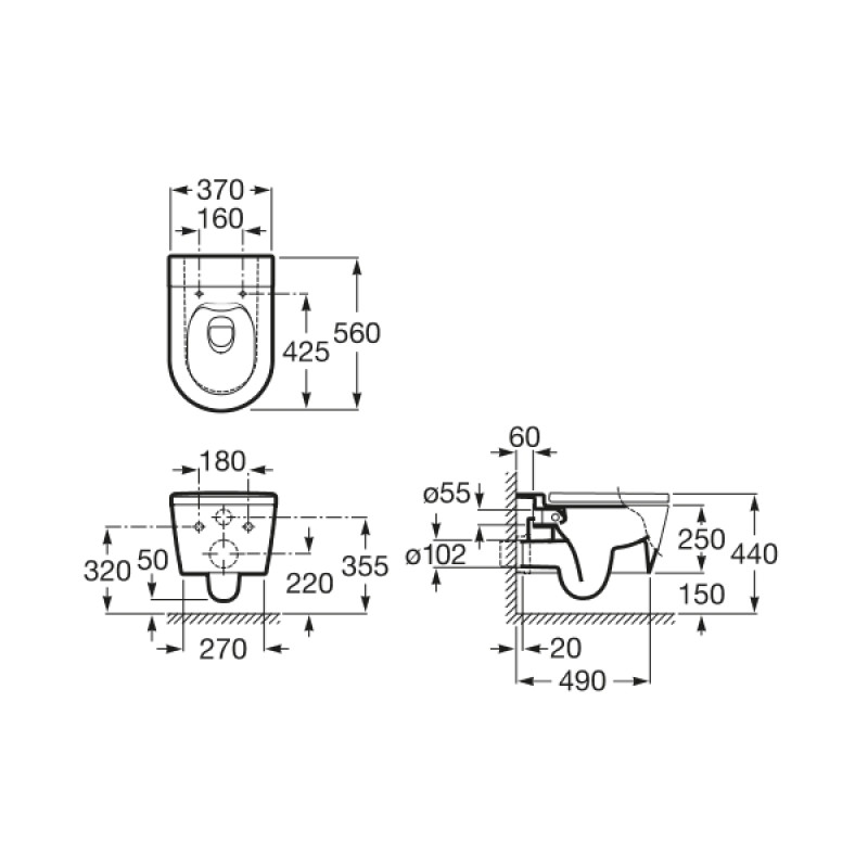 ROCA INSPIRA Round унитаз 370*560*440мм, подвесной, круглый, Rimless, горизонтальный выпуск, (A346527000)