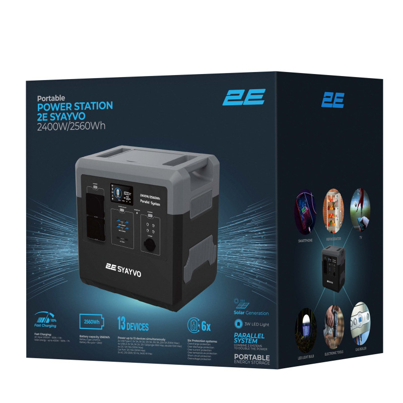 Портативна електростанція 2Е Syayvo 2400 Вт, 2560 Вт/год, WiFi/BT, паралельне підключення, швидка зарядка (2E-PPS24256)