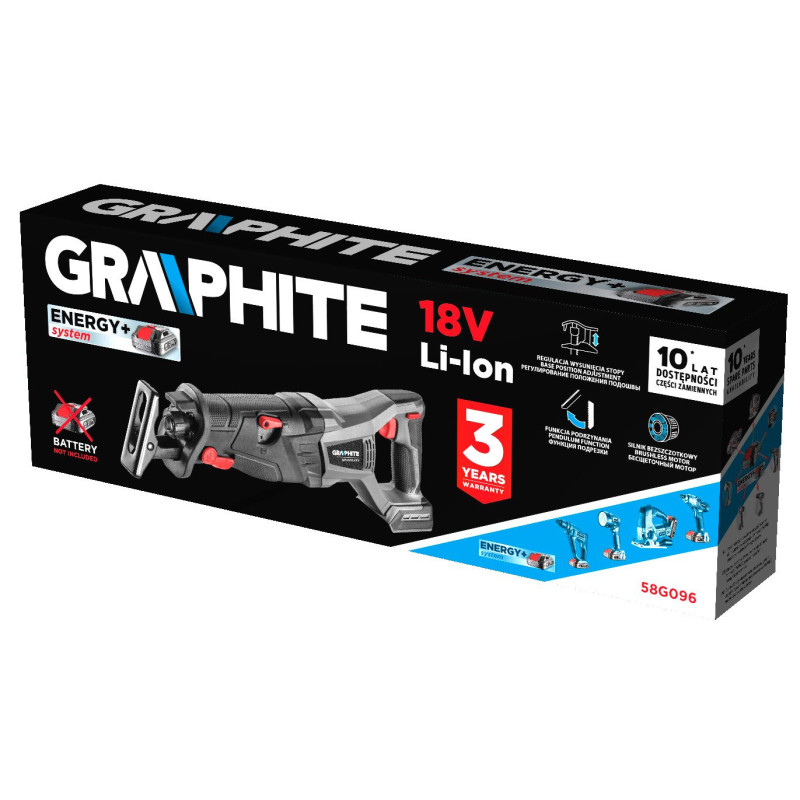 Graphite Пила шабельна акумуляторна Energy+ 18В безщітковий пропил 120мм хід 28мм 2.64кг без АКБ та ЗП (58G096)