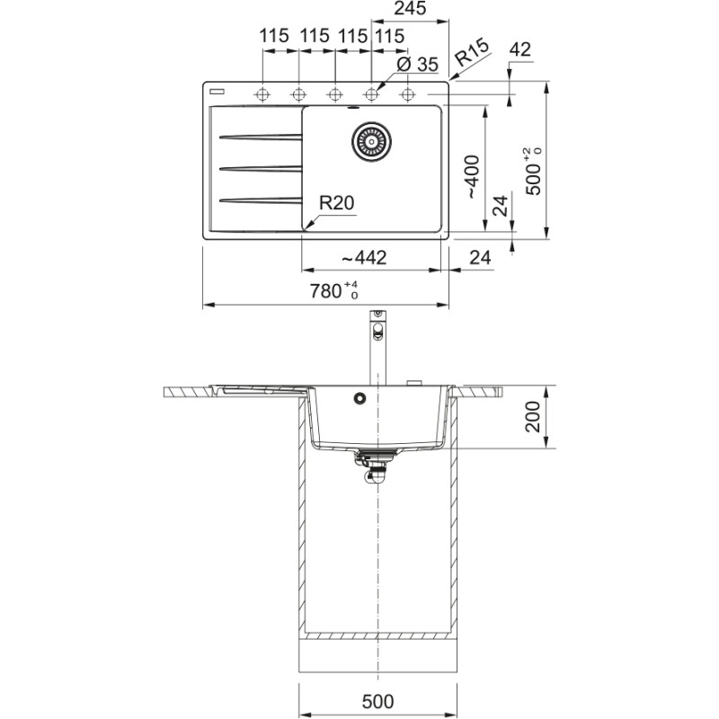 Franke Мийка кухонна Centro, фраграніт, прямокутник, з крилом, 780х500х200мм, чаша - 1, врізна, CNG 611-78 TL, сірий камінь (1140630477)