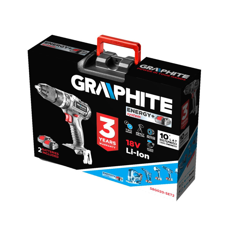 Graphite Шурупокрут-дриль акумуляторний Energy+ 18В безщітковий 2х2А·год 58Нм 0-500·0-1700об·хв кейс ЗП 1.2кг (58G020-SET2)