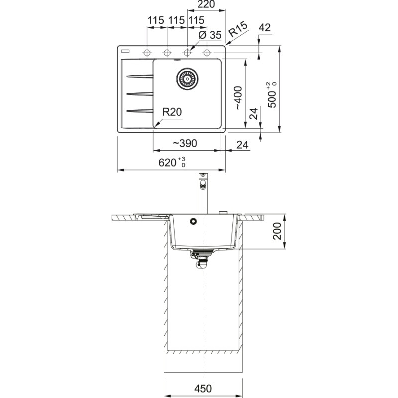 Franke Мийка кухонна Centro, фраграніт, прямокутник, з крилом, 620х500х200мм, чаша - 1, врізна, CNG 611-62 TL, сірий камінь (1140630461)