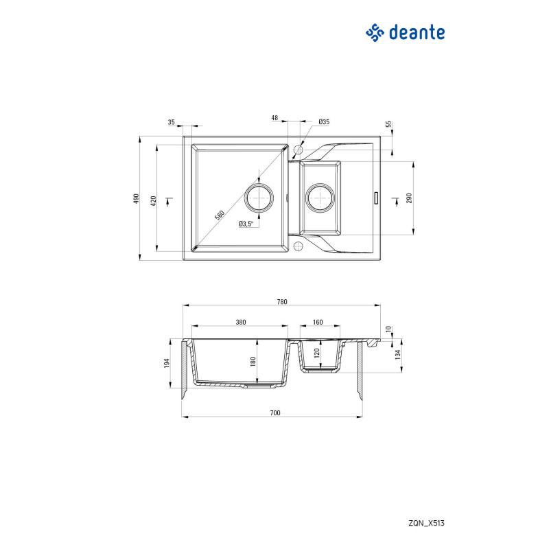 Deante Мийка кухонна Andante, граніт, прямокутник, з крилом, 780х490х194мм, чаша - 1, накладна, бежевий (ZQN_5113)