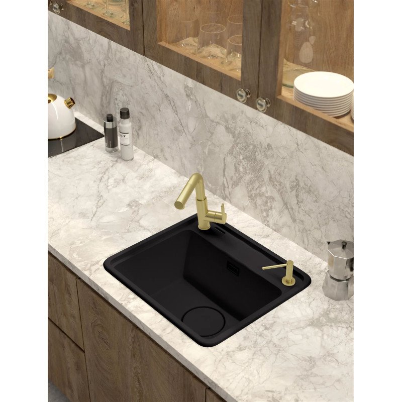 Deante Мийка кухонна Momi, граніт, квадрат, без крила, 500х440х230мм, чаша - 1, врізна, чорний матовий + кухонна дошка (ZKM_N103)