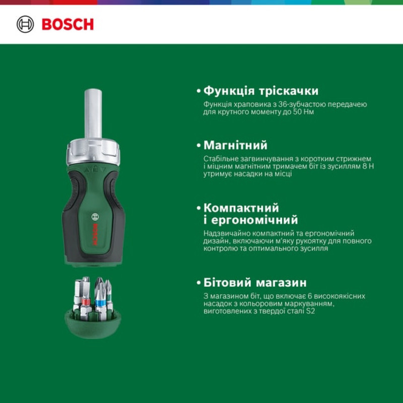 BOSCH Викрутка з тріскачкою, 6 насадок (1600A027PK)