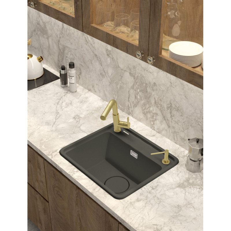 Deante Мийка кухонна Momi, граніт, квадрат, без крила, 500х440х230мм, чаша - 1, врізна, антрацит + кухонна дошка (ZKM_T103)