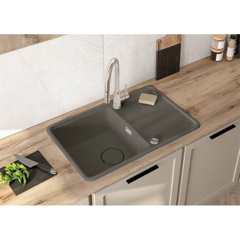 Deante Мийка кухонна Momi, граніт, прямокут., з крилом, 780х500х230мм, чаша - 1, врізна, антрацит + кухонна дошка (ZKM_T113)