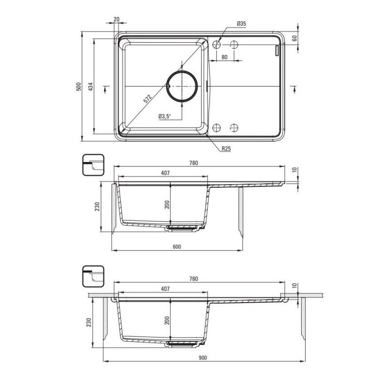 Deante Мийка кухонна Momi, граніт, прямокут., з крилом, 780х500х230мм, чаша - 1, врізна, антрацит + кухонна дошка (ZKM_T113)