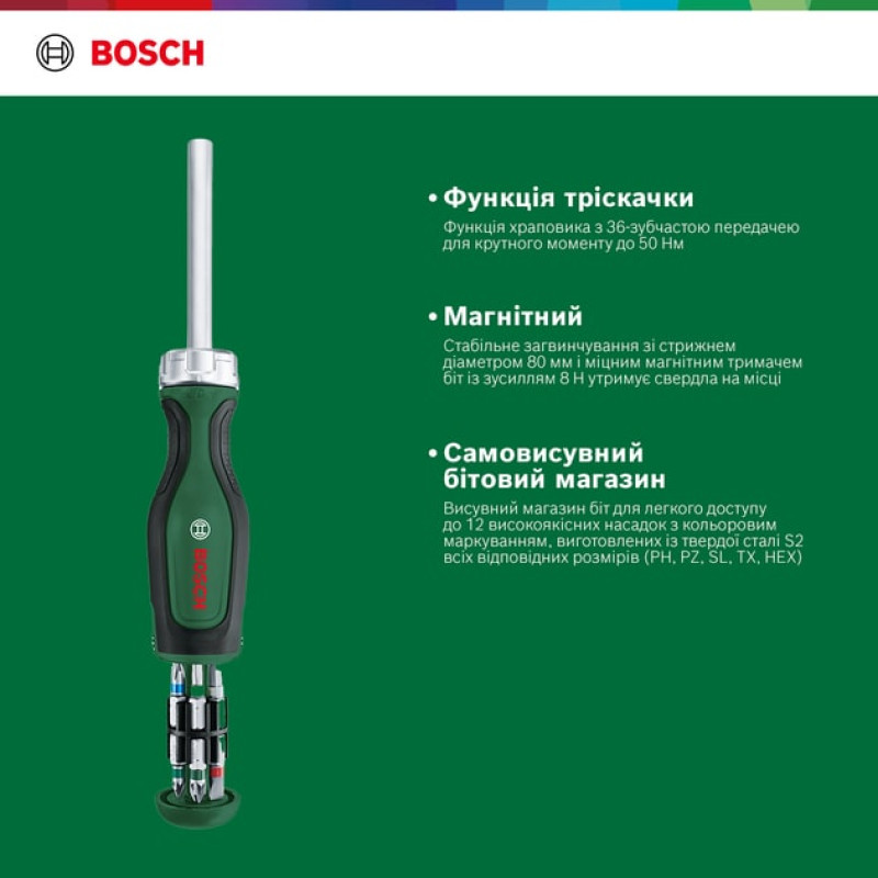 BOSCH Викрутка 12 насадок, Tx, PZ, PH, SL, HEX (1600A02BX2)
