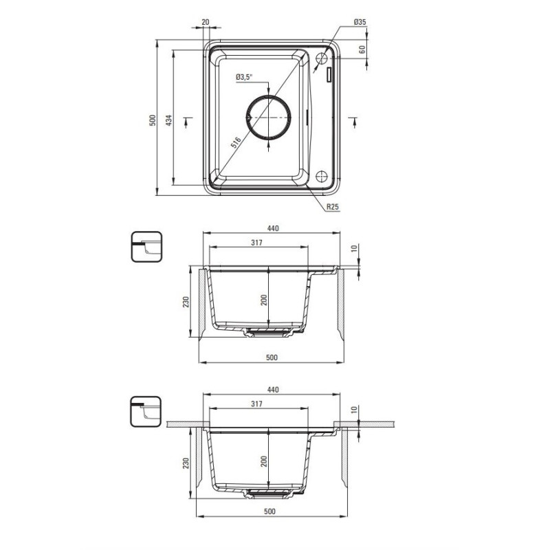 Deante Мийка кухонна Momi, граніт, квадрат, без крила, 500х440х230мм, чаша - 1, врізна, сірий + кухонна дошка (ZKM_S103)