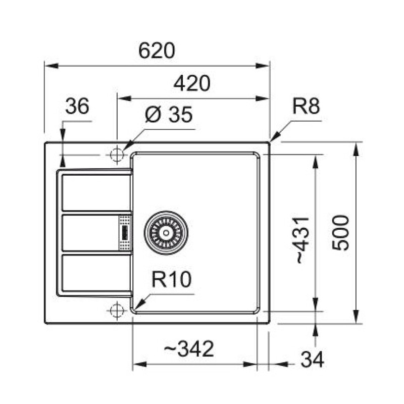 Franke Мийка кухонна Sirius 2 тектонайт, прямокут., з крилом, 620х500х200мм, чаша - 1, врізна, бежевий (1430671742)