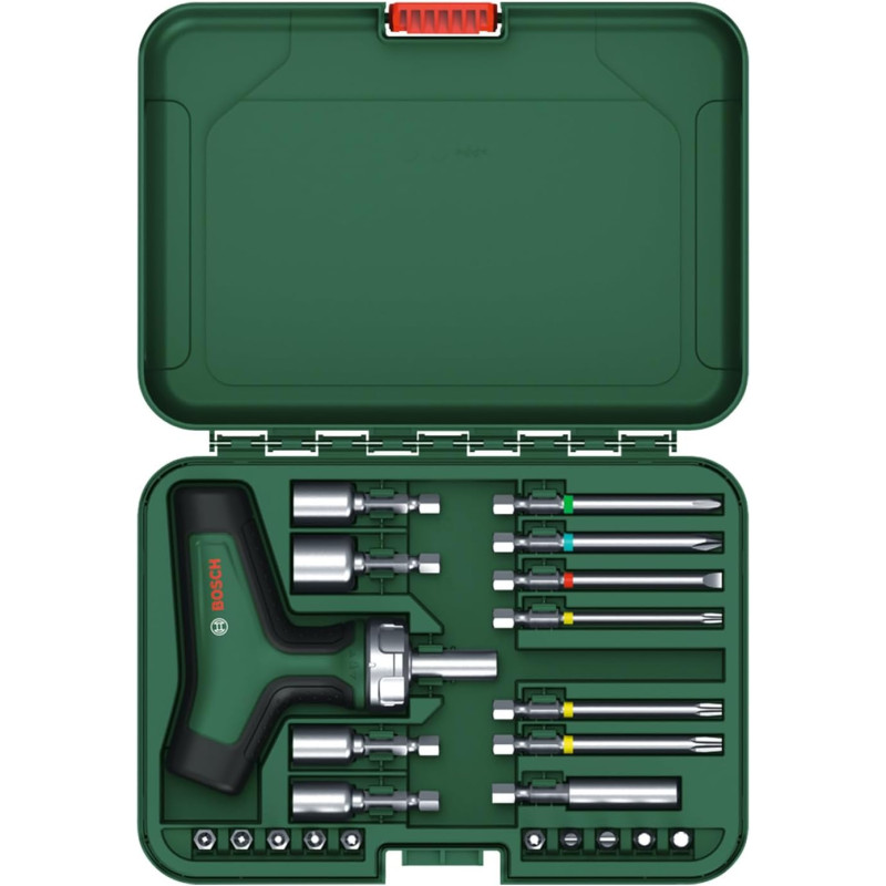 BOSCH Викрутка з тріскачкою, Т-подібне руків'я, 20 насадок, 109мм, кейс, сталь CrV (1600A02Z9T)