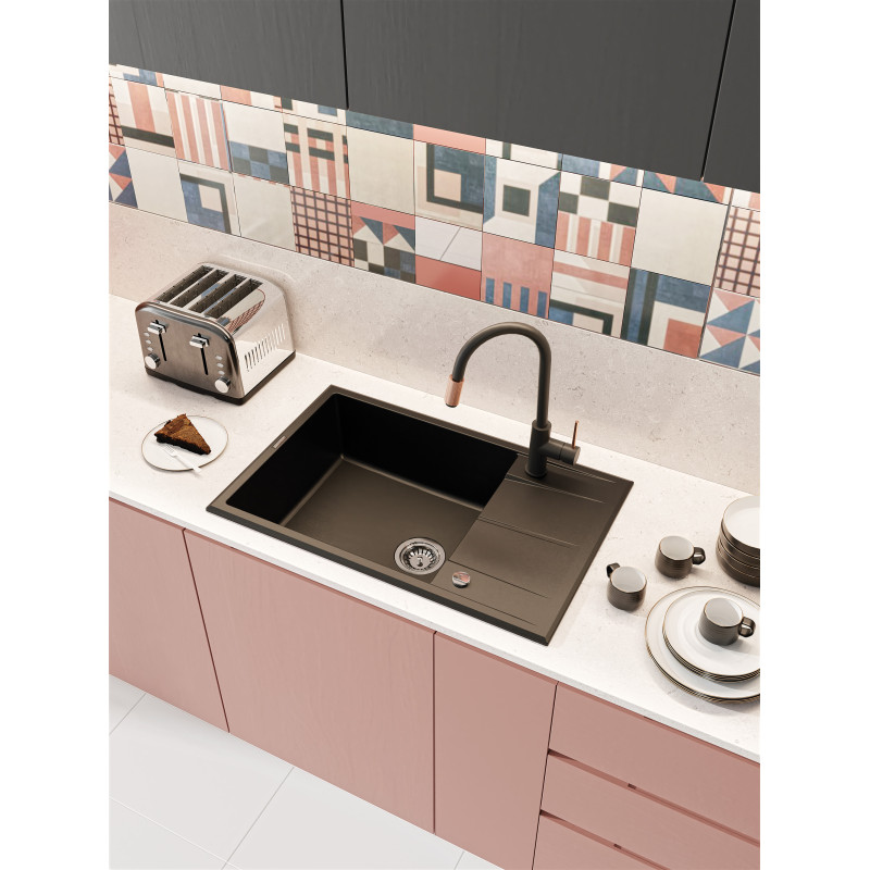 Deante Мийка кухонна Eridan, граніт, прямокут., з крилом, 780х500х210мм, чаша - 1, накладна, чорний (ZQE_N11B)