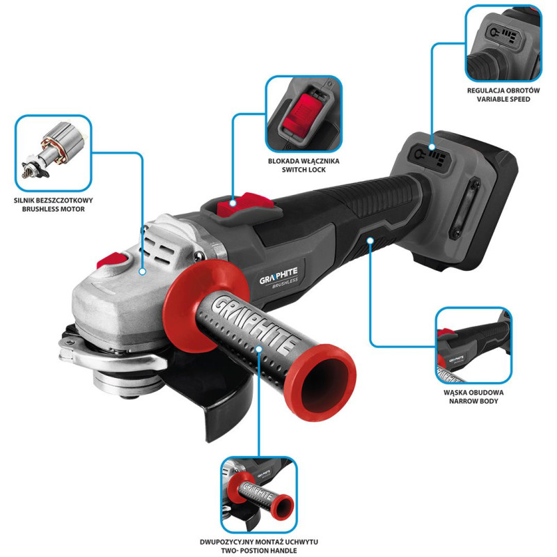 Graphite Шліфмашина кутова акумуляторна Energy+ 18В 125 мм 18В 9200об·хв 2.28кг без АКБ та ЗП (58GE142)