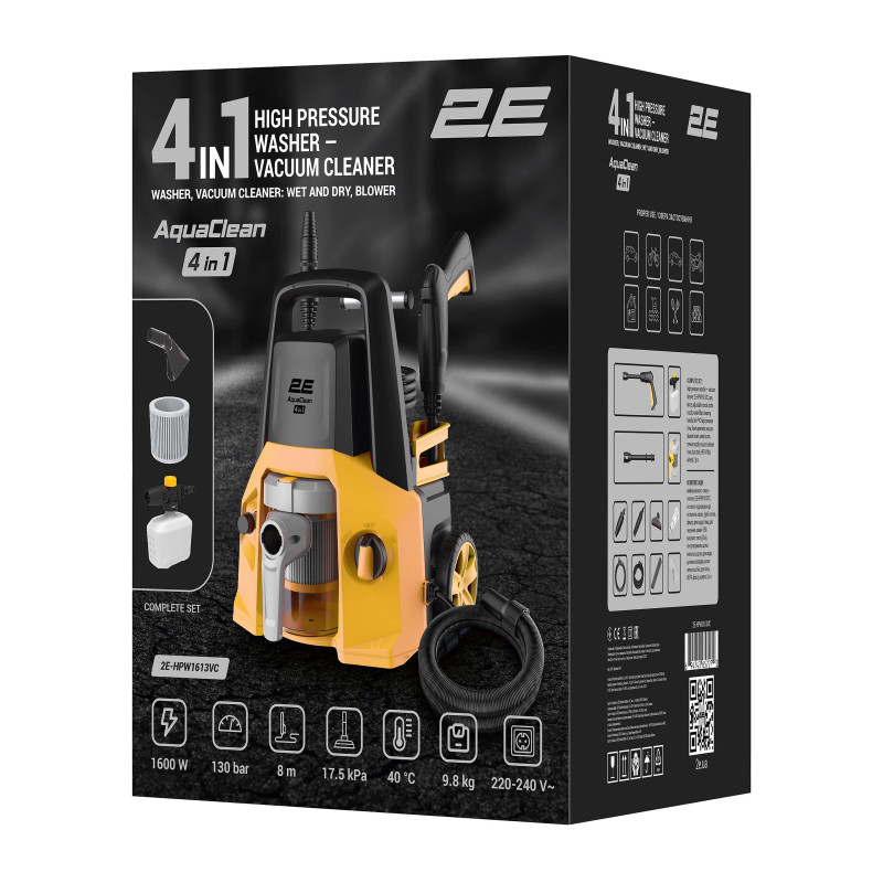 Мінімийка високого тиску 2E AquaClean 4в1 1600Вт 130бар 480л/год шланг 8м 11кг (2E-HPW1613VC)