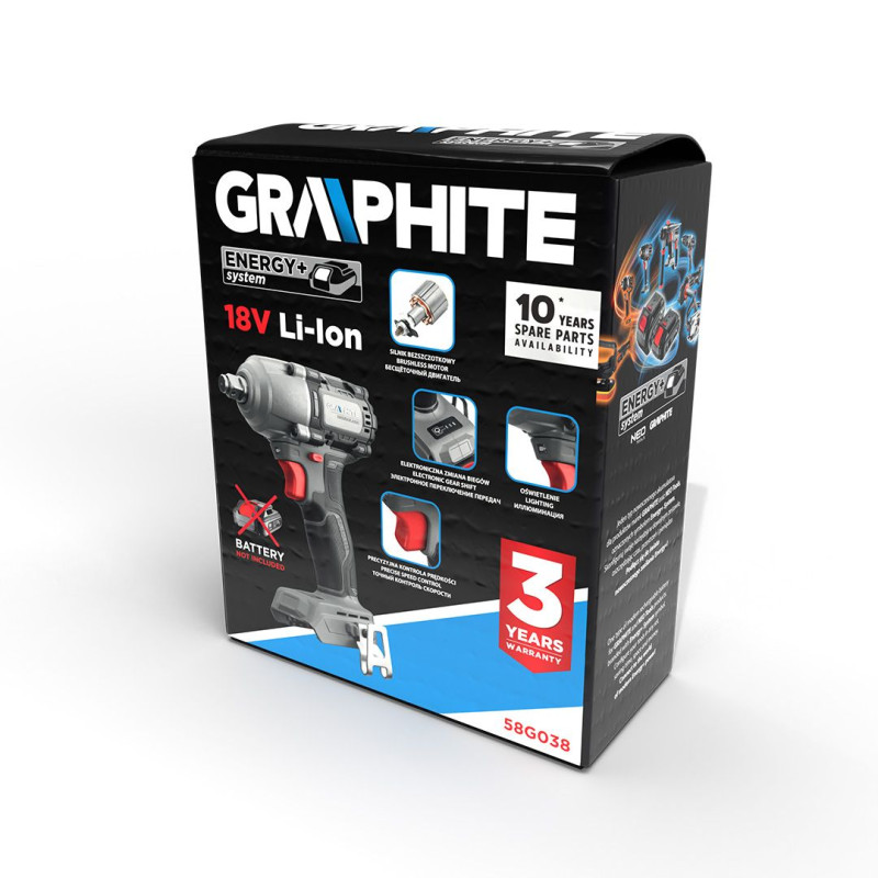 Graphite Гайковерт ударний Energy+ 18В безщітковий 2600об·хв 450Нм 1/2" 3 швидкості 1.24кг без АКБ та ЗП (58G038)