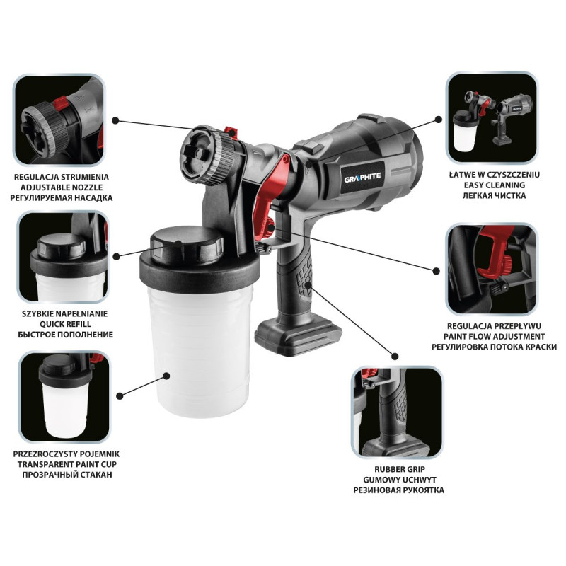 Graphite Фарборозпилювач акумуляторний Energy+ 18В 700мл·хв бачок 900мл 1.45кг без АКБ та ЗП (58GE103)