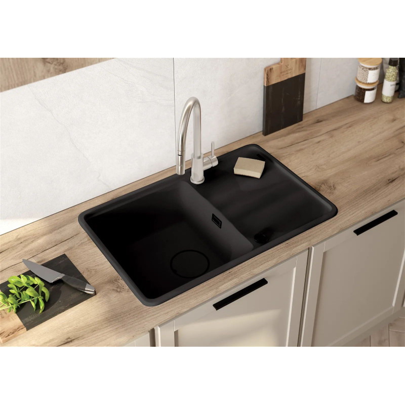 Deante Мийка кухонна Momi, граніт, прямокут., з крилом, 780х500х230мм, чаша - 1, врізна, чорний матовий + кухонна дошка (ZKM_N113)