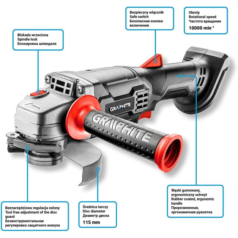 Graphite Шліфмашина кутова акумуляторна Energy + 115мм 18В 10000об·хв 1.5кг без АКБ та ЗП (58G003)