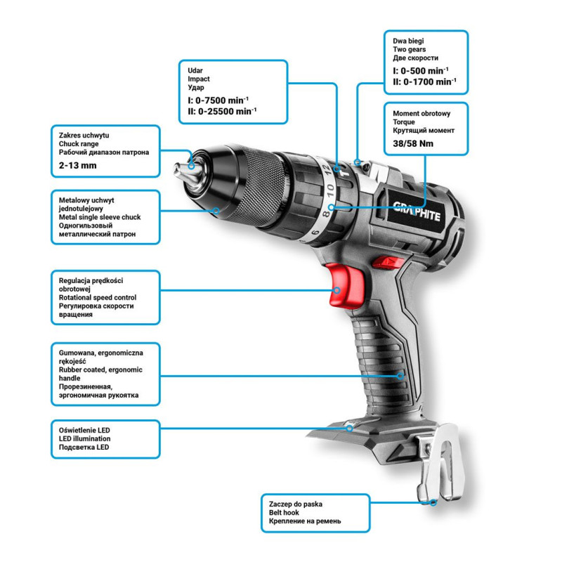 Graphite Шурупокрут-дриль акумуляторний Energy+ 18В безщітковий 58Нм 3 швидкості 0-500·0-1700об·хв 1.21кг без АКБ та ЗП (58G020)
