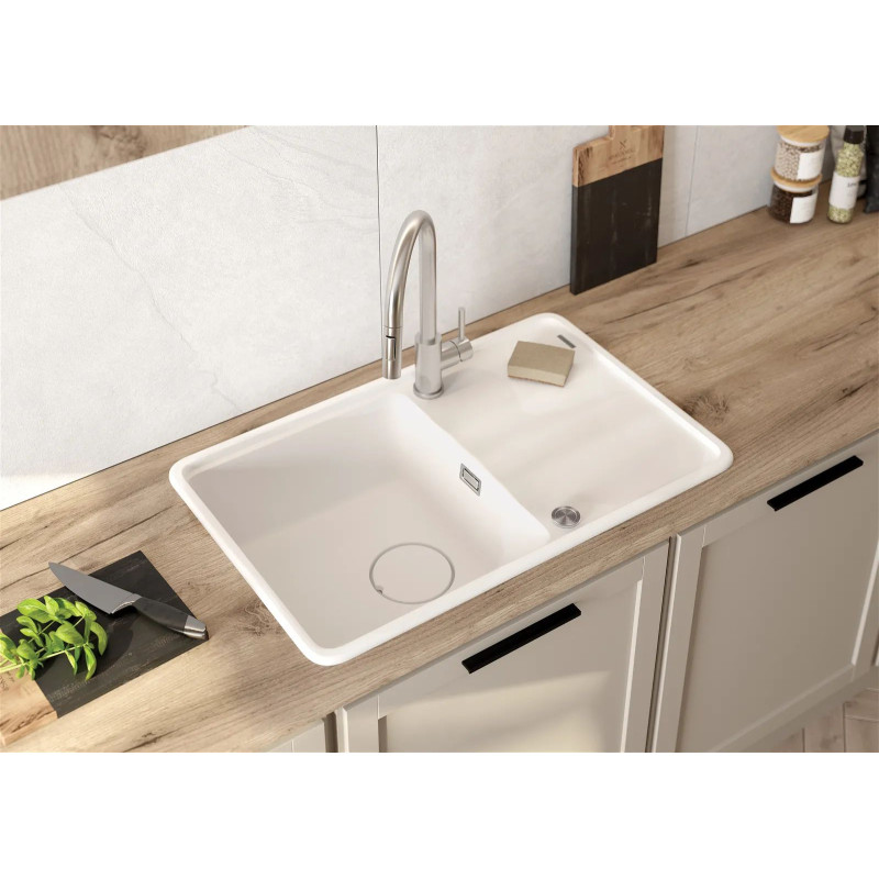 Deante Мийка кухонна Momi, граніт, прямокут., з крилом, 780х500х230мм, чаша - 1, врізна, алебастр + кухонна дошка (ZKM_A113)