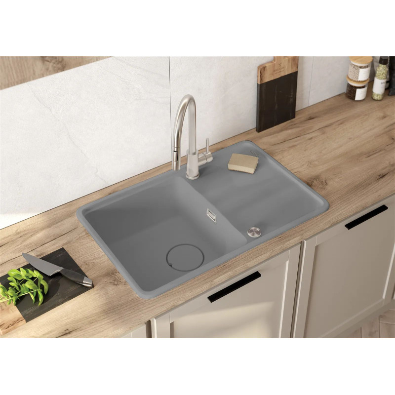 Deante Мийка кухонна Momi, граніт, прямокут., з крилом, 780х500х230мм, чаша - 1, врізна, сірий + кухонна дошка (ZKM_S113)