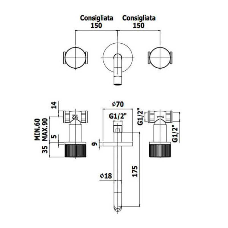 Paffoni Змішувач для умивальника JO 003 NO прихованого монтажу на 3 виходи L175 мм чорний матовий (JO003NO)