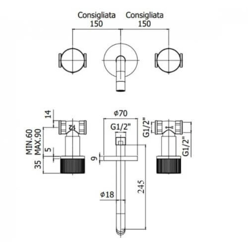 Paffoni Змішувач для умивальника JO 008 CR прихованого монтажу на 3 виходи L245 мм хром (JO008CR)