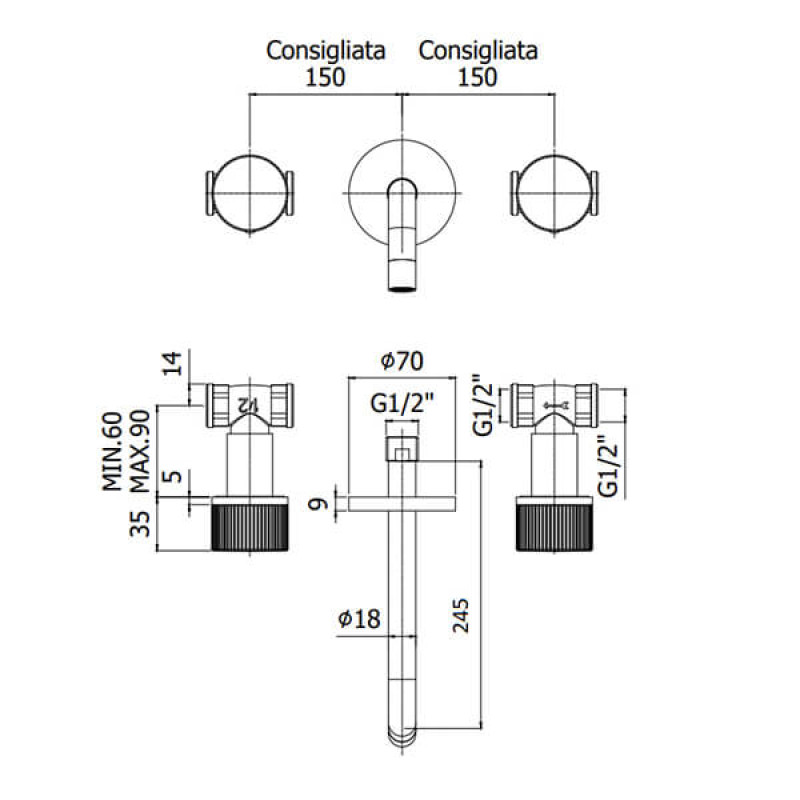 Paffoni Змішувач для умивальника Paffon JO 008 NO прихованого монтажу на 3 виходи L245 мм чорний матовий (JO008NO)