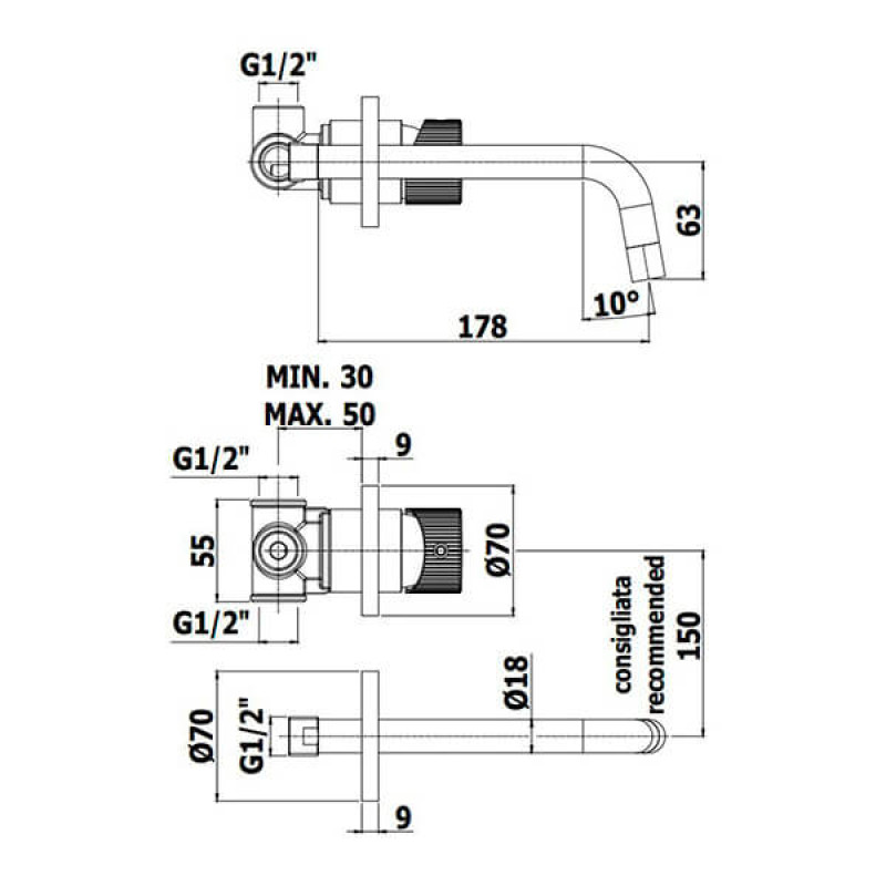 Paffoni Змішувач для умивальника JO 006 NO 70 прихованого монтажу з виливом 178 мм чорний матовий (JO006NO70)