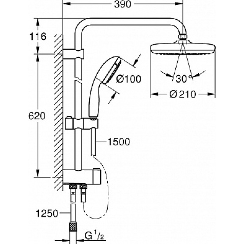 Grohe Душова система Flex з перемикачем для настінного монтажу New Tempesta System 210 (26381001)