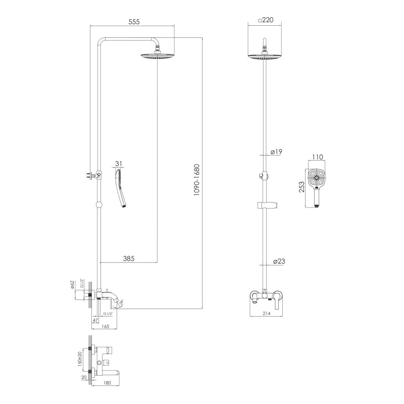 IMPRESE Душевая система со смесителем для ванны BILA DESNE, квадратная воронка, хром (T-10155)