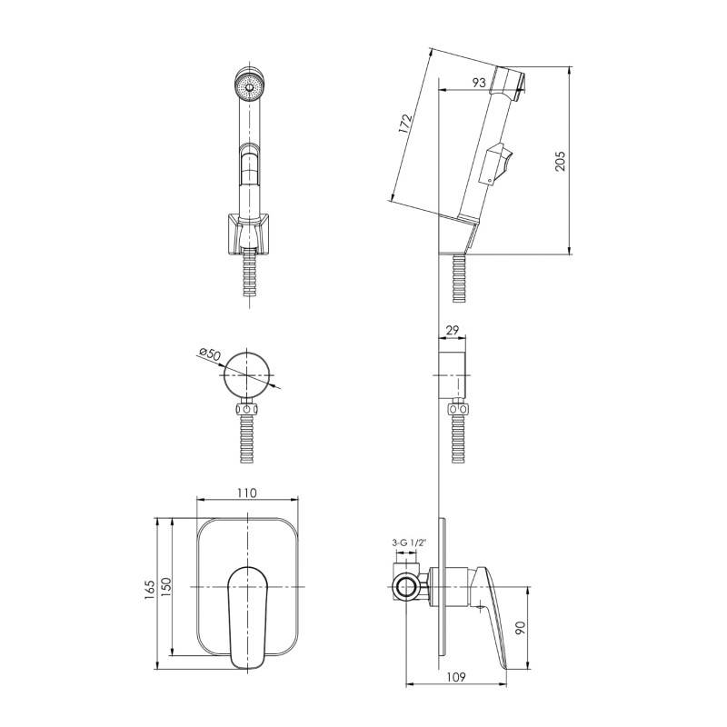 IMPRESE Гигиенический набор (смеситель скрытого монтажа с гигиеническим душем) Praha New, хром (VR15030Z-BT)