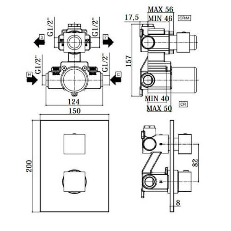 Paffoni Змішувач для душу з термостатом Level LEQ 519 CR на 3 виходи, хром (LEQ519CR)
