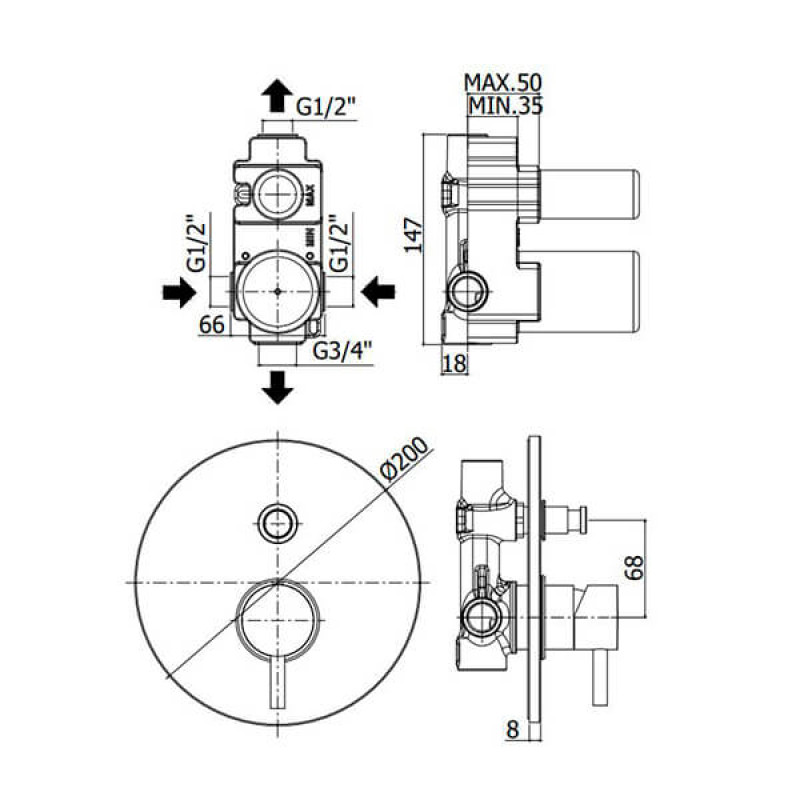 Paffoni Змішувач для душу Light LIG 015 ST з натискним перемикачем на 2 виходи (LIG015ST)
